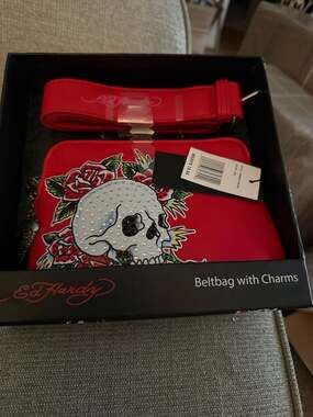 Ed Hardy Beltbag with Charms, Skull and Roses Print, Red